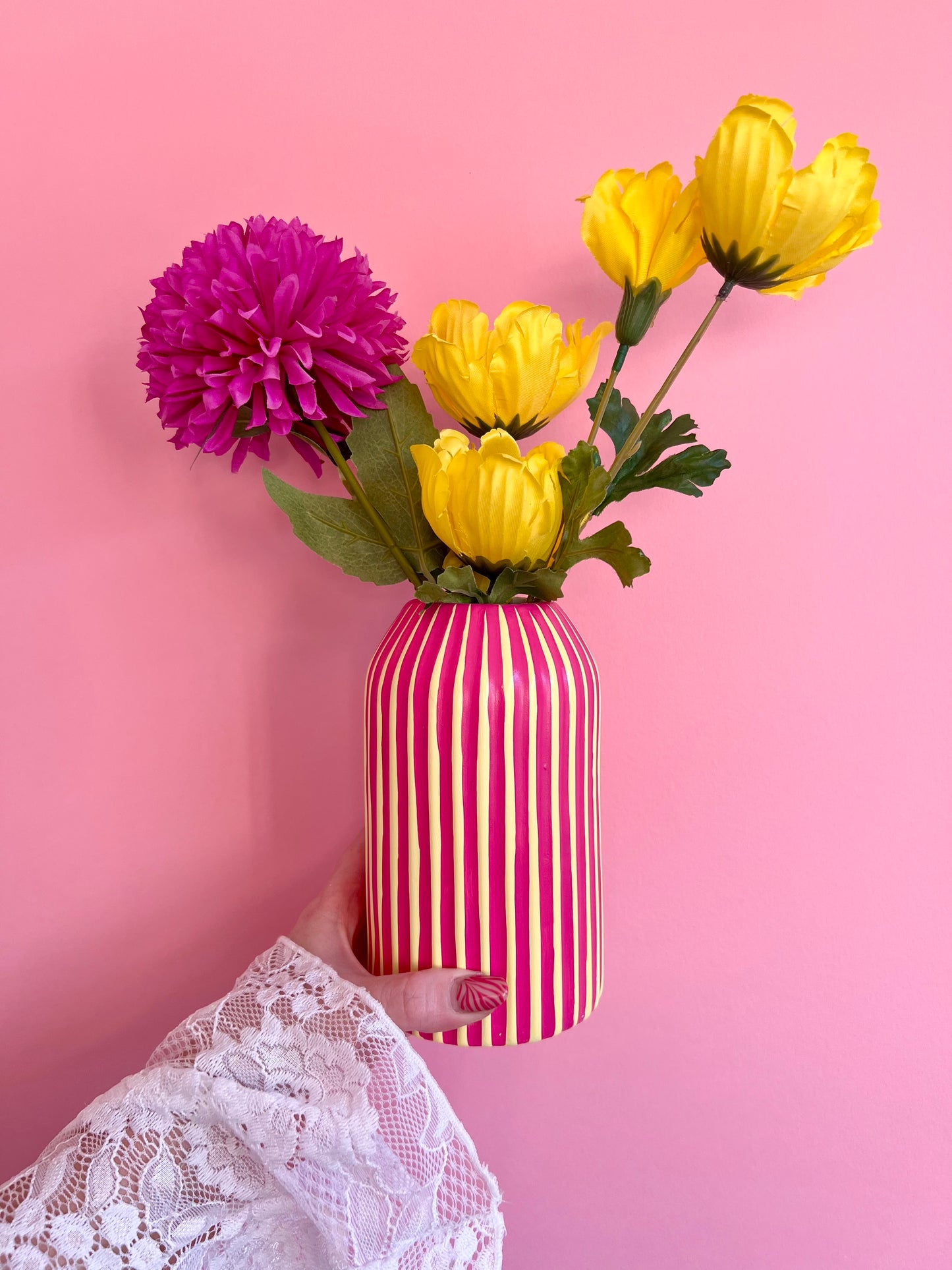 Rhubarb and Custard Stripe Ceramic Vase Yellow & Pink