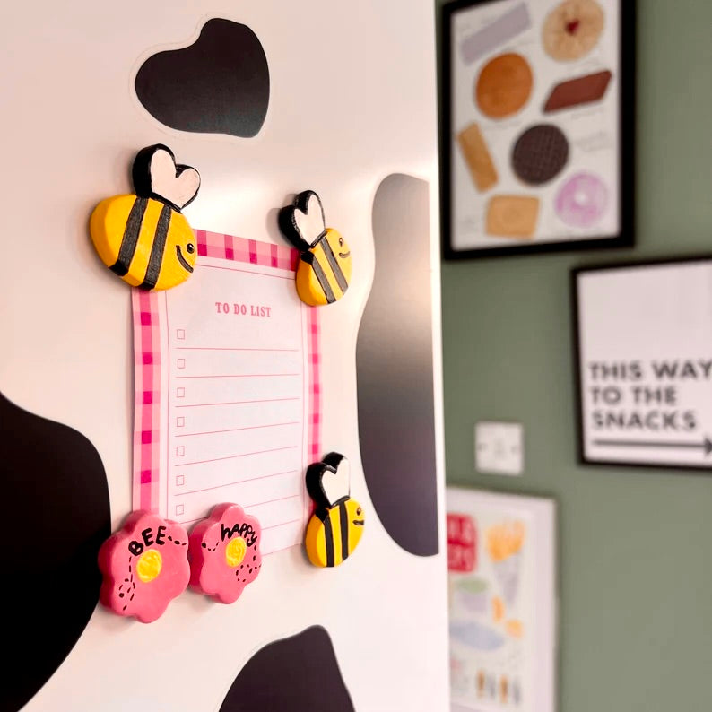 Bee Happy Magnets Set of 5 Fridge Magnets, Kitchen Decor, Locker Magnets Bee’s and Flowers