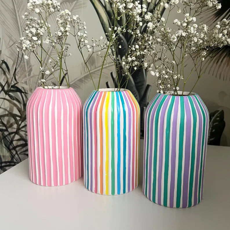 Colourful Stripe Vase Ceramic Rainbow Quirky Colourful Home Decor
