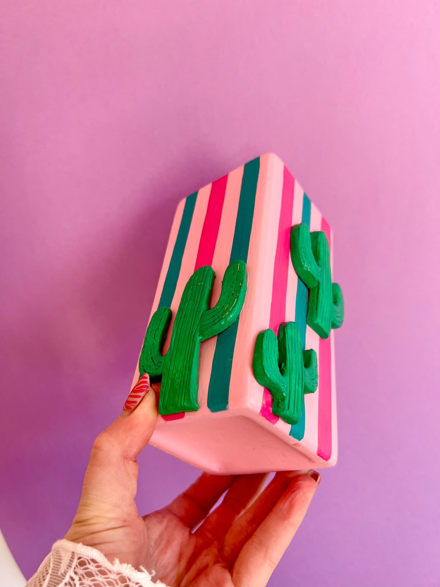 Cactus Stripe Ceramic Vase Pink & Green