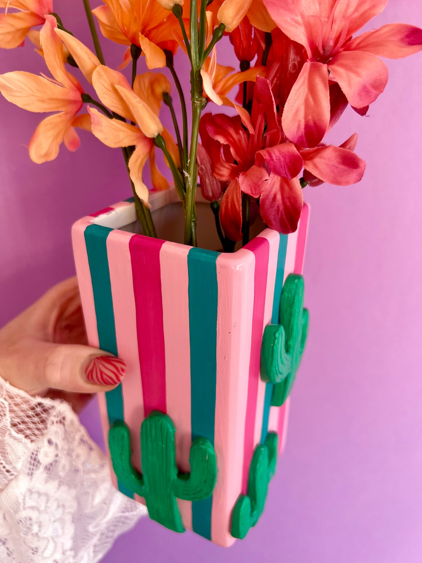 Cactus Stripe Ceramic Vase Pink & Green