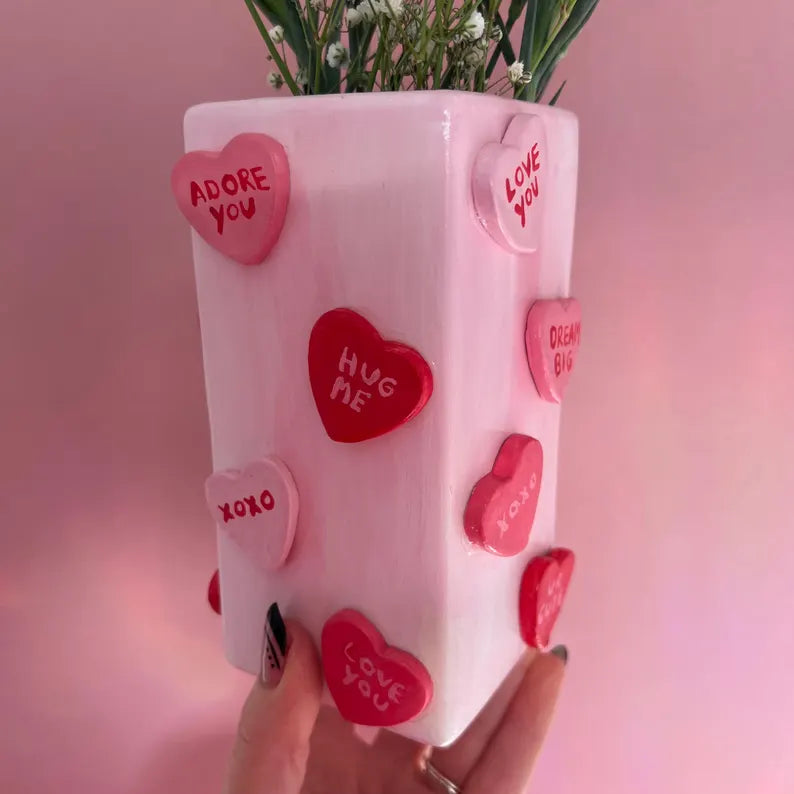 Candy Hearts Ceramic Vase Pastel Pink Best Friend Flowers Gift