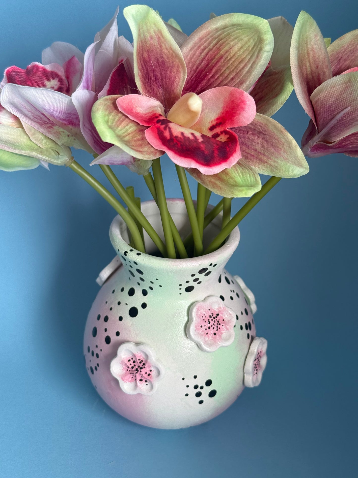 Pink & Green Floral Ceramic Vase