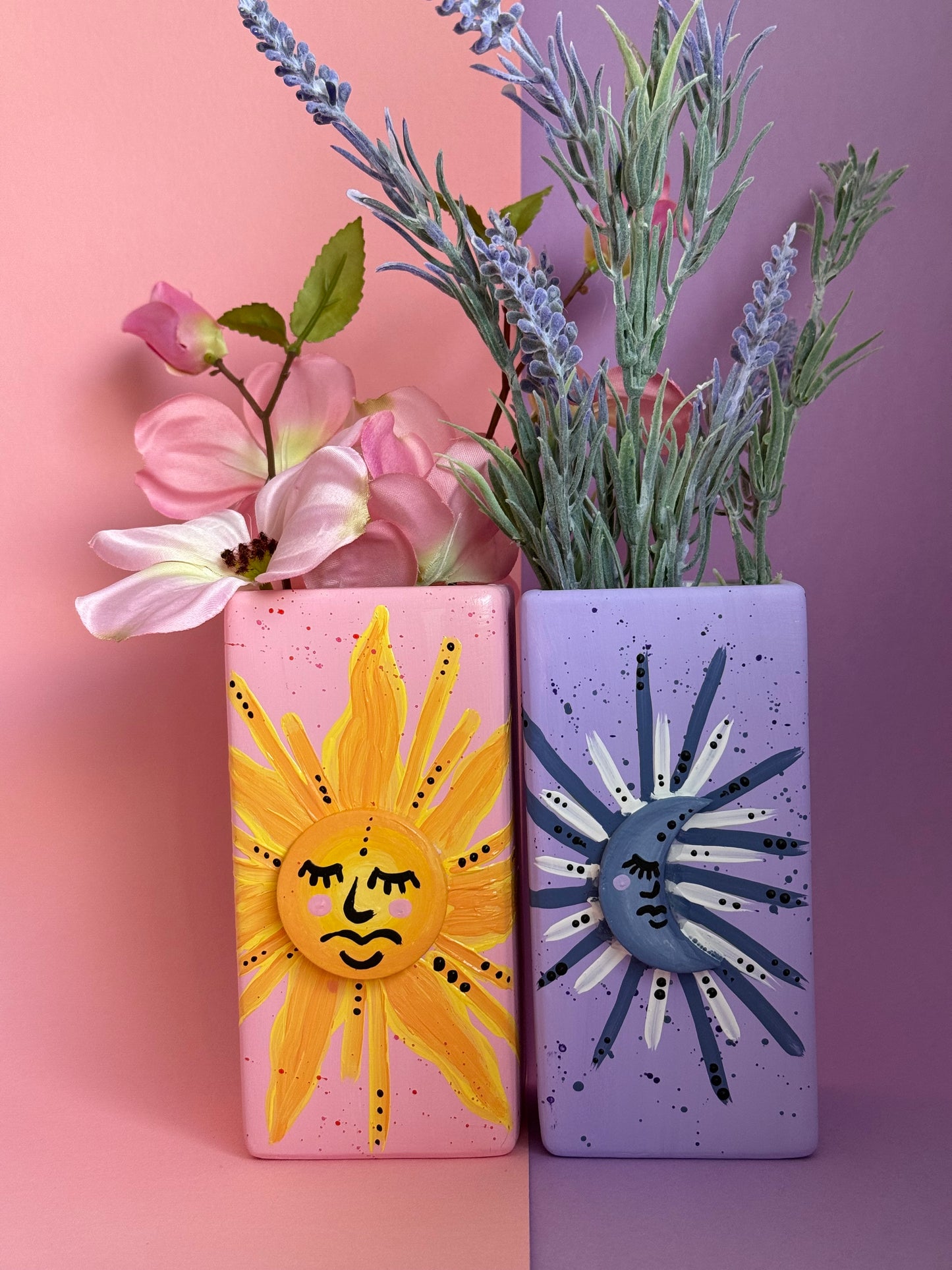 Sun & Moon Ceramic Vase Set Hand Painted 3D