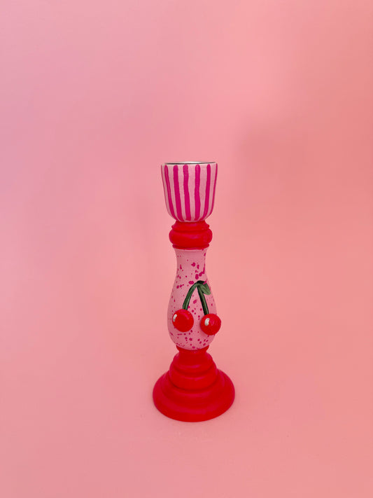 Cherry Candlestick Holder Pink & Red Hand Painted