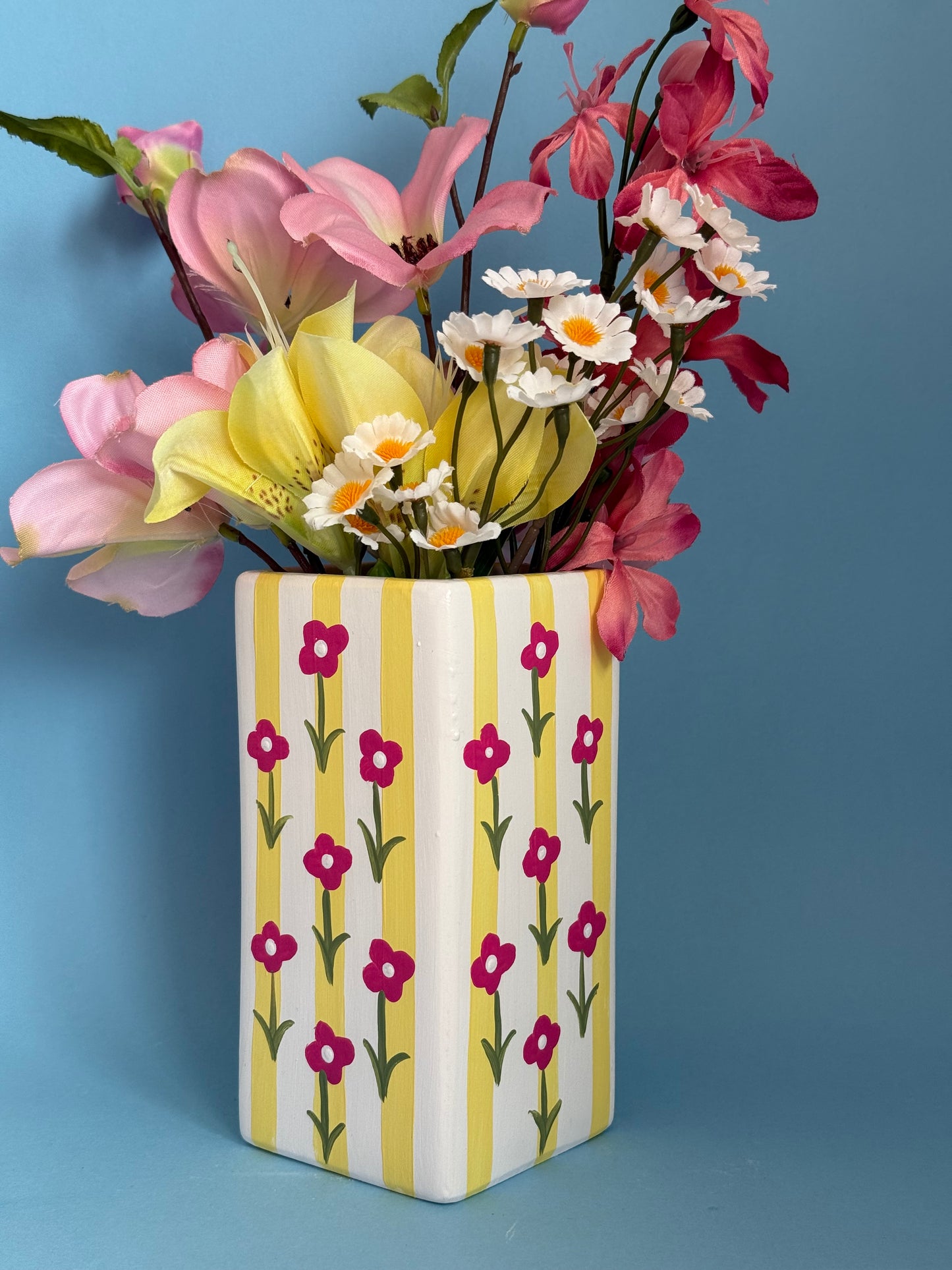 Lemon & Hot Pink Ditsy Flower Ceramic Vase