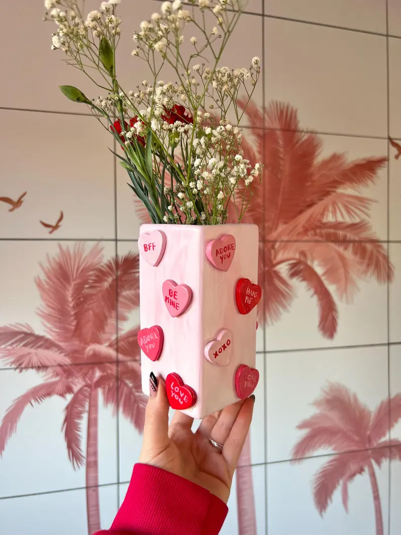 Candy Hearts Ceramic Vase Pastel Pink Best Friend Flowers Gift