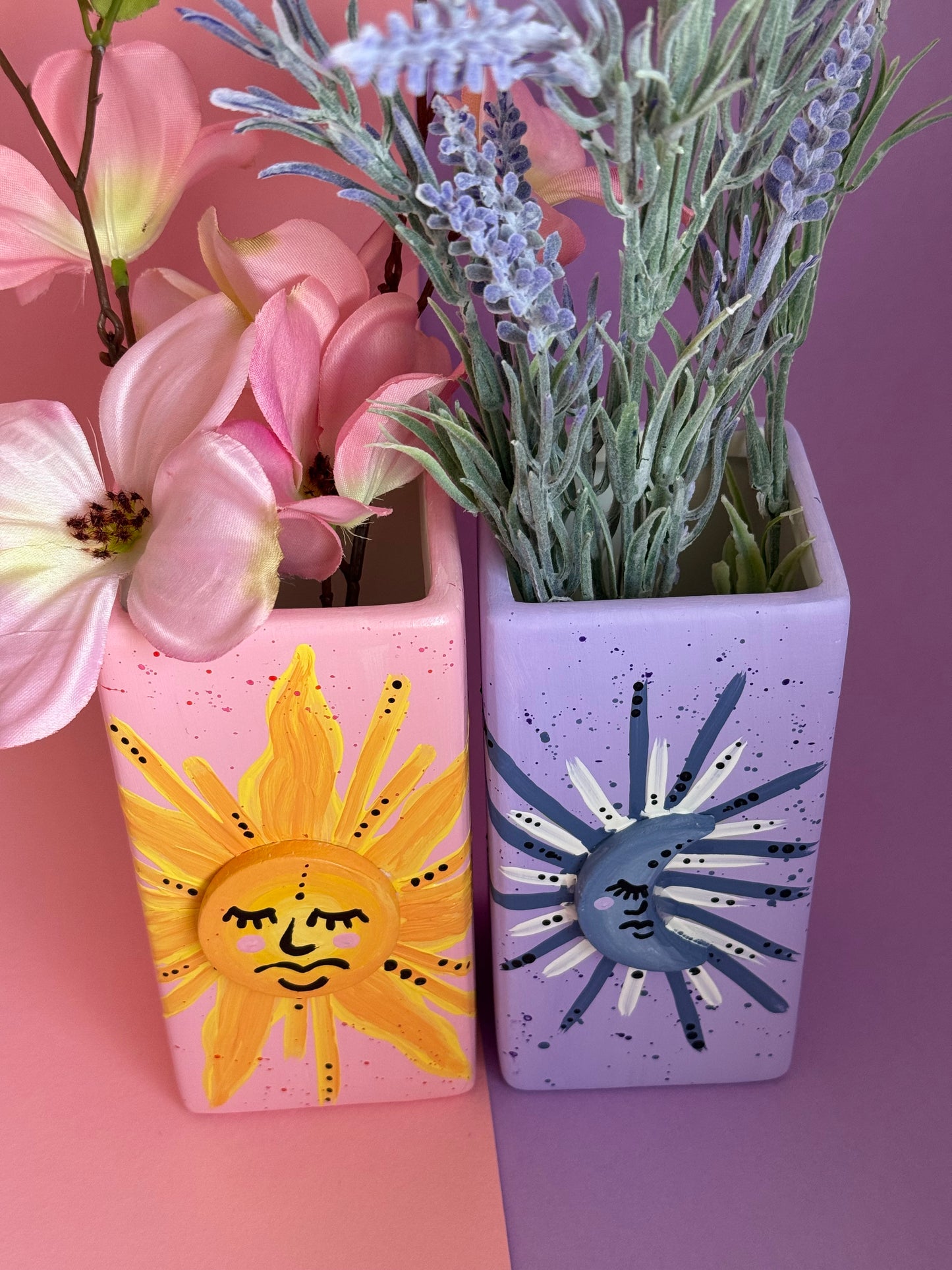Sun & Moon Ceramic Vase Set Hand Painted 3D
