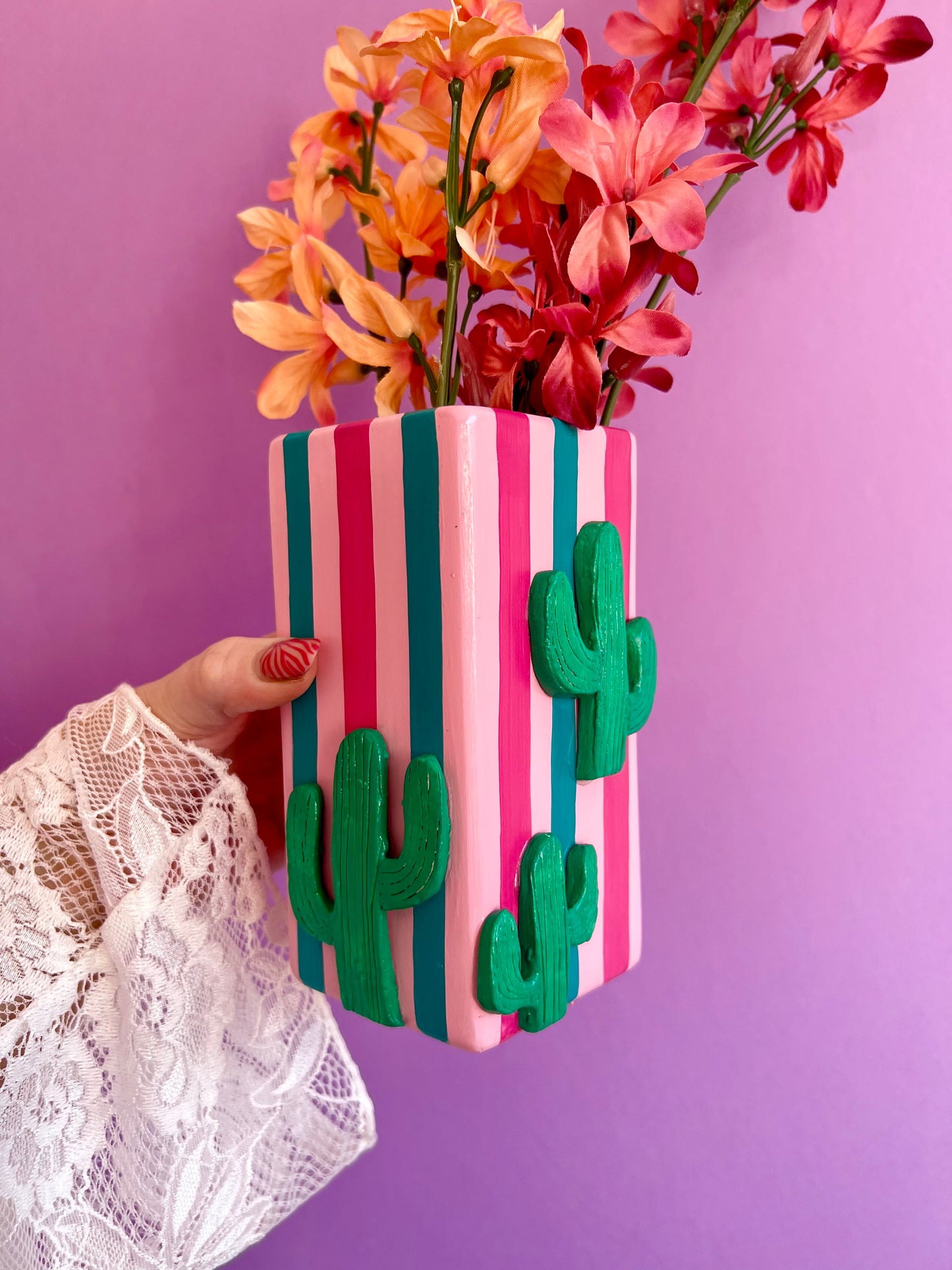 Cactus Stripe Ceramic Vase Pink & Green