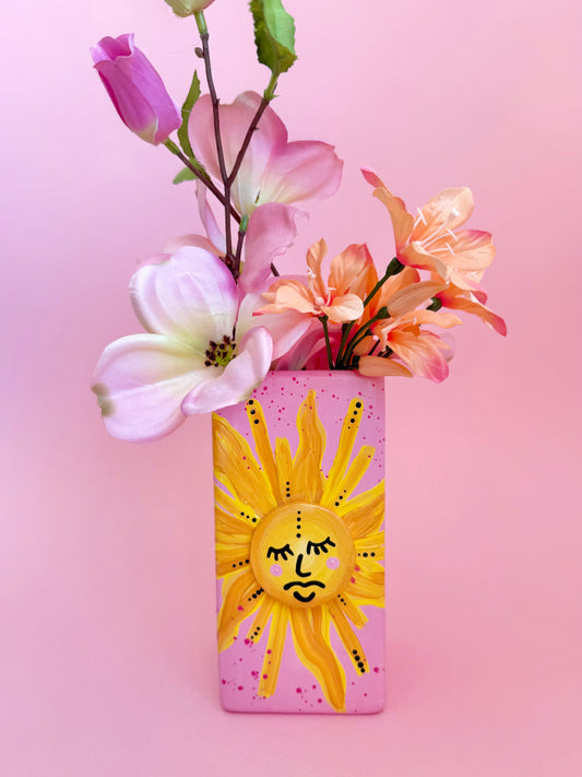 3D Sun Ceramic Vase Pink & Yellow