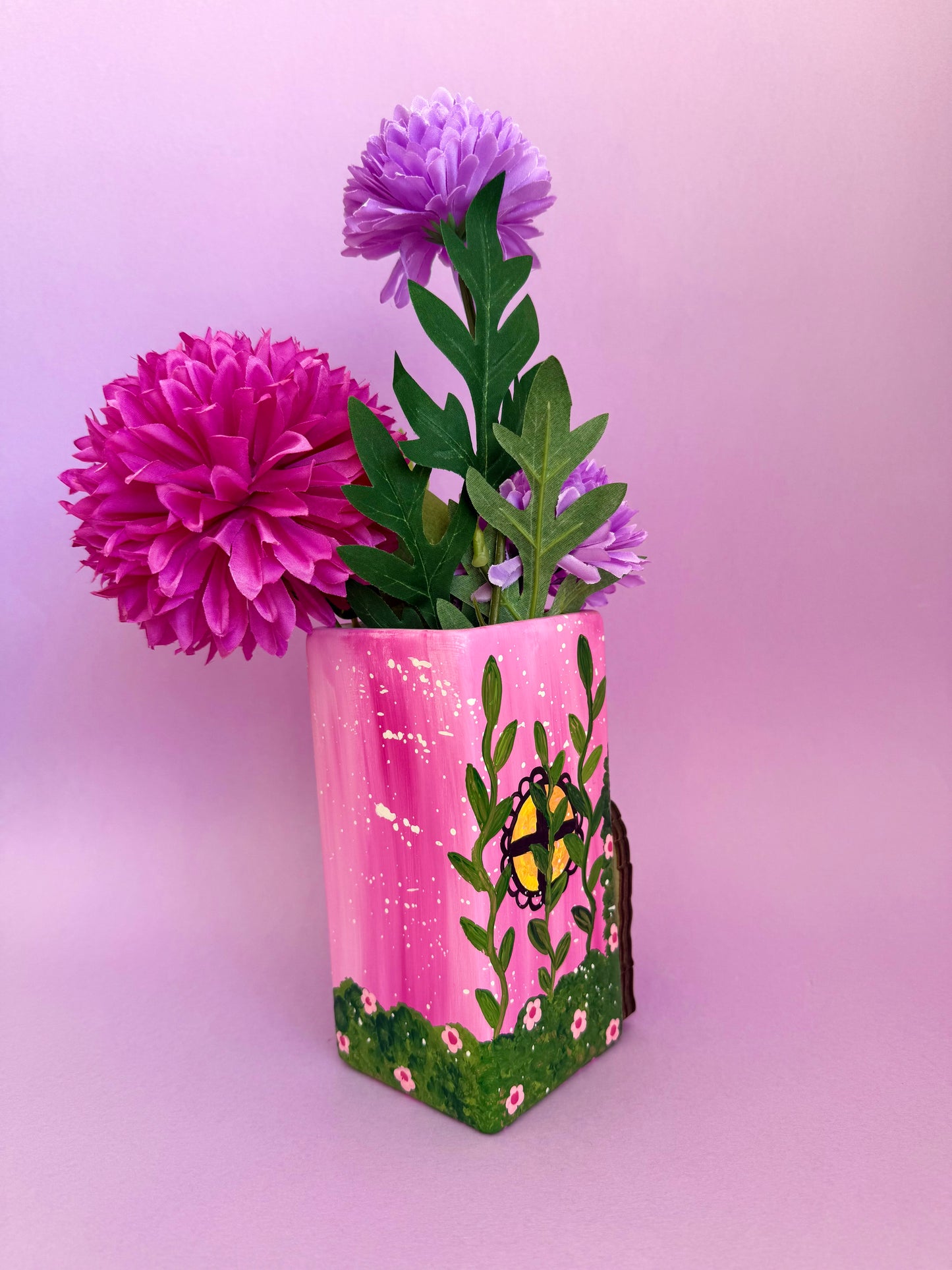 Pink Fairy Door Ceramic Vase Hand Painted