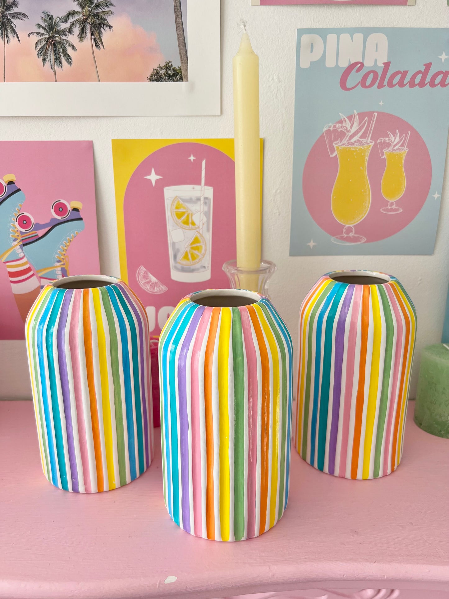 Colourful Stripe Vase Ceramic Rainbow Quirky Colourful Home Decor