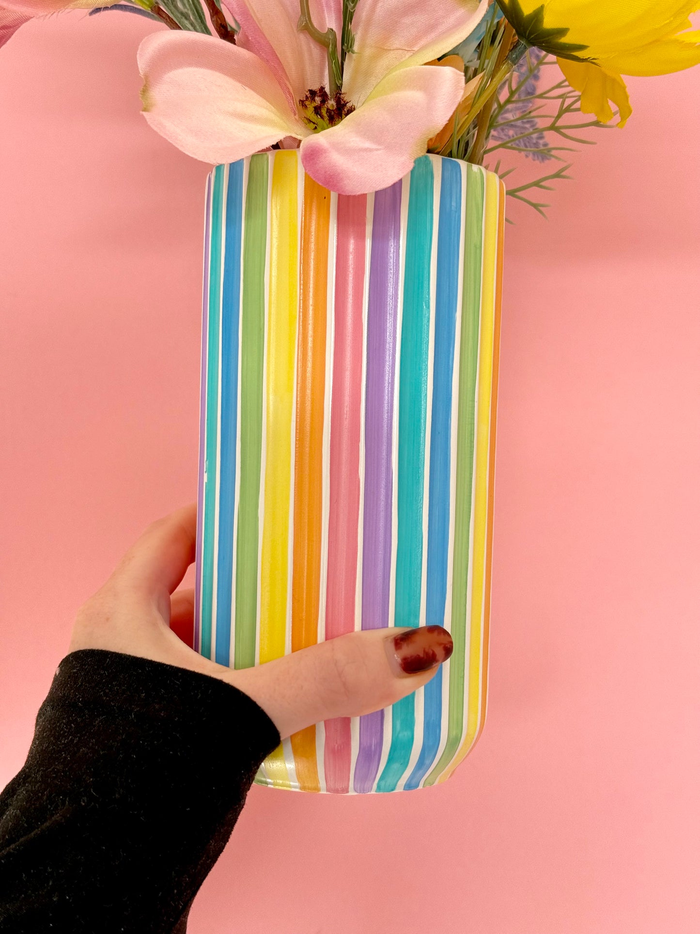 Rainbow Stripe Ceramic Vase Hand Painted