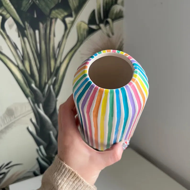 Colourful Stripe Vase Ceramic Rainbow Quirky Colourful Home Decor