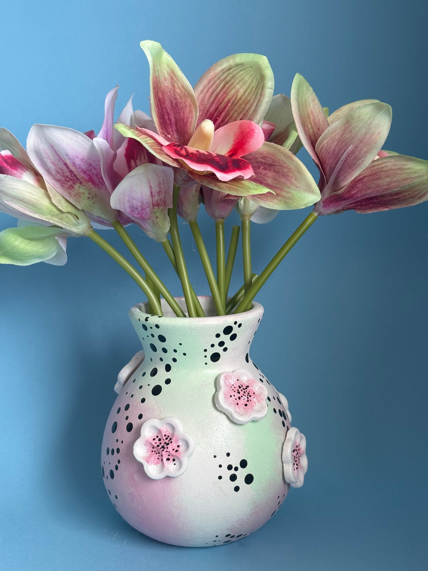 Pink & Green Floral Ceramic Vase