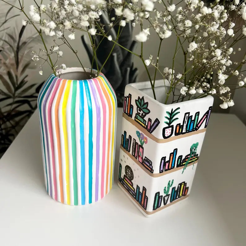 Colourful Stripe Vase Ceramic Rainbow Quirky Colourful Home Decor