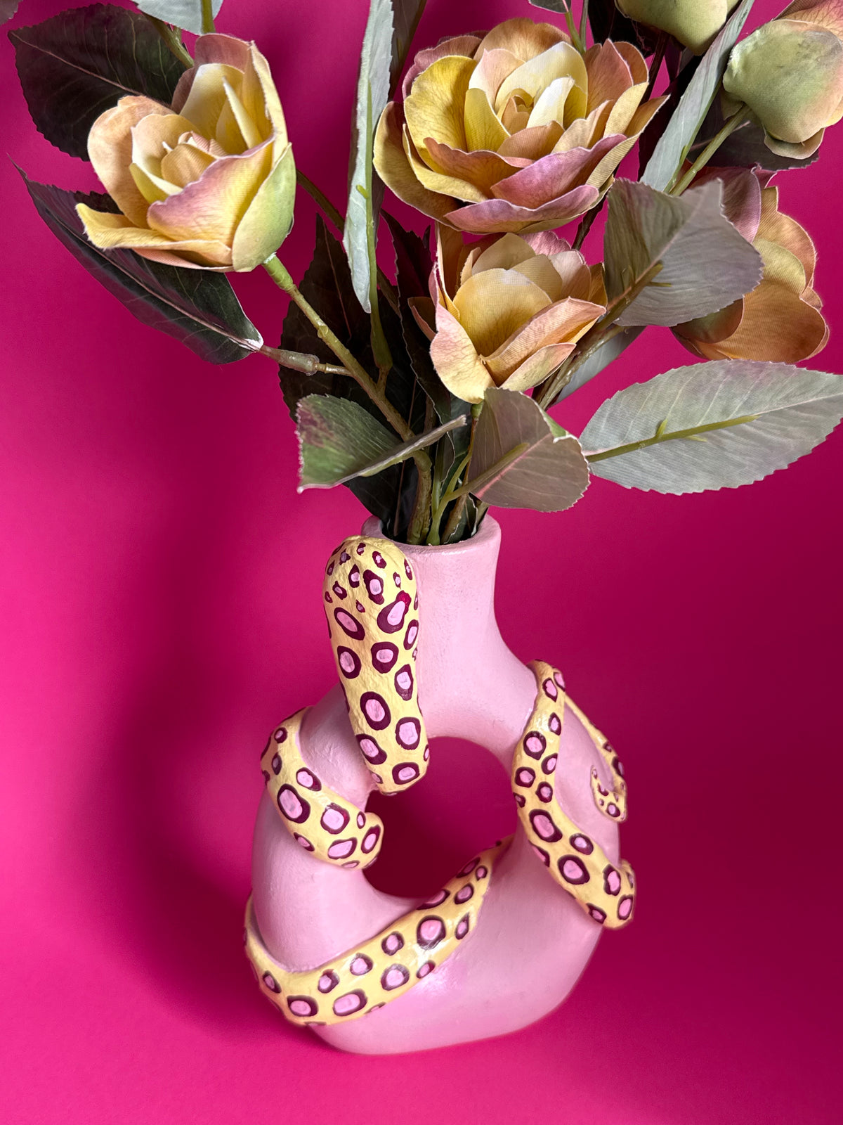 Handmade Snake Pink & Yellow Ceramic Vase