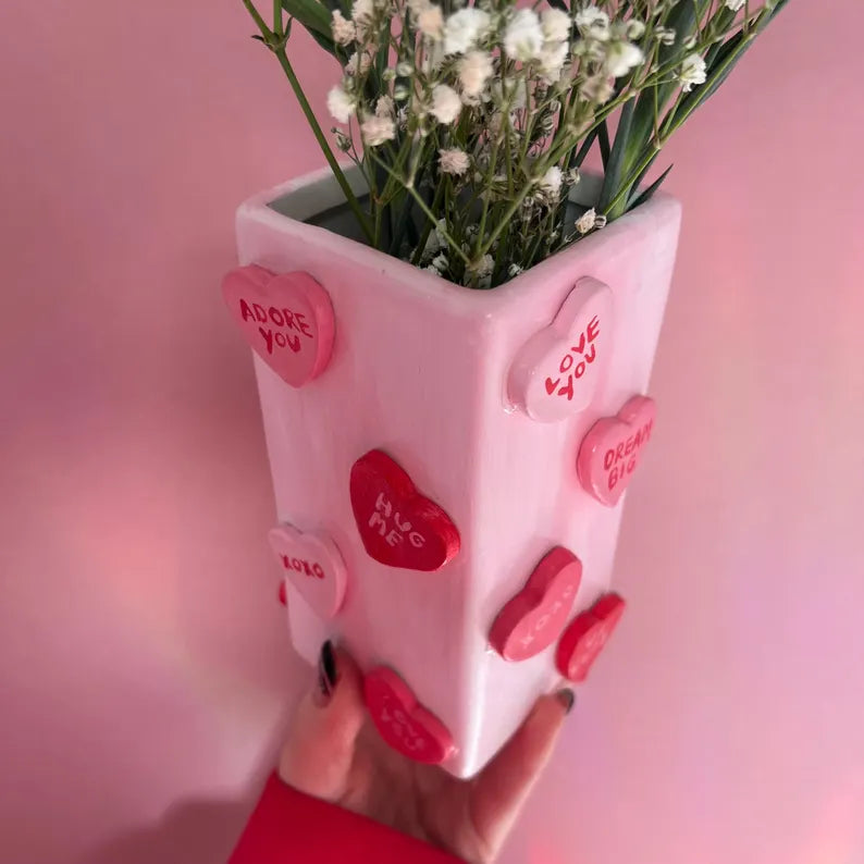 Candy Hearts Ceramic Vase Pastel Pink Best Friend Flowers Gift