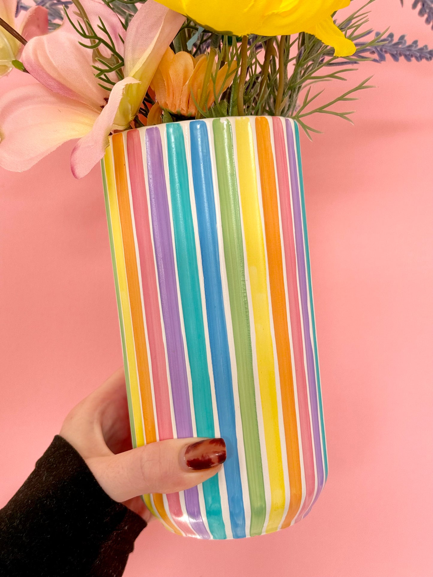 Rainbow Stripe Ceramic Vase Hand Painted