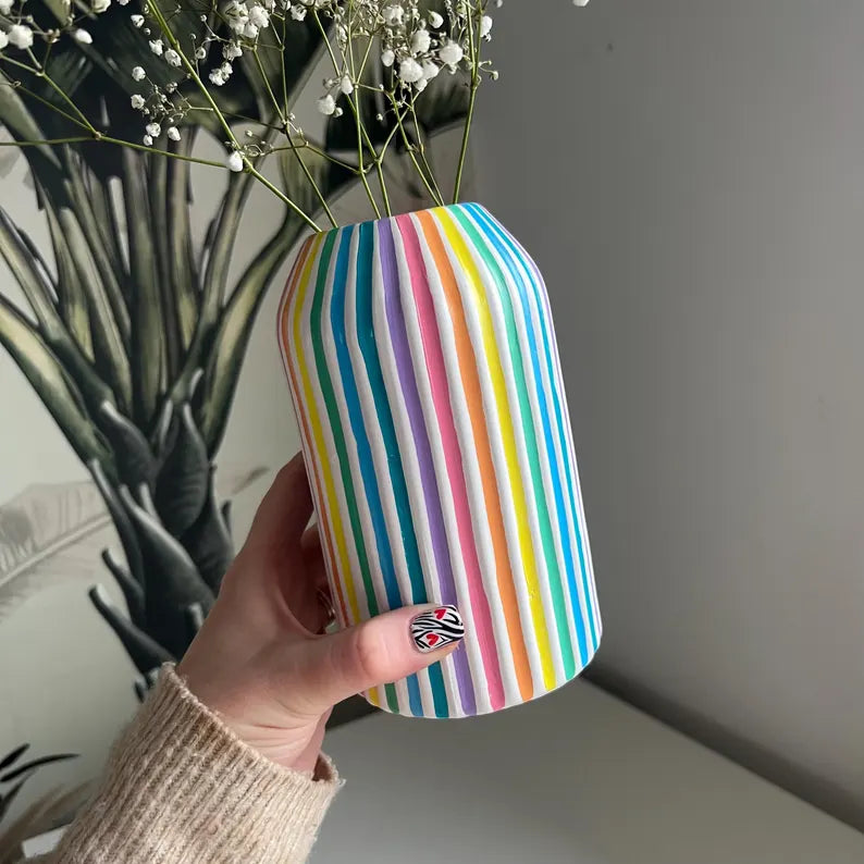 Colourful Stripe Vase Ceramic Rainbow Quirky Colourful Home Decor