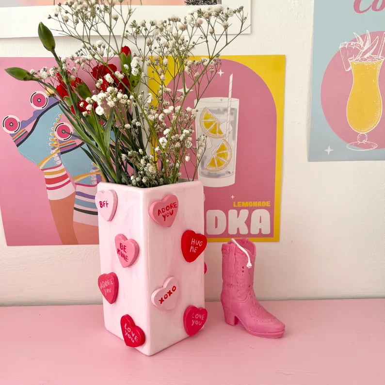 Candy Hearts Ceramic Vase Pastel Pink Best Friend Flowers Gift