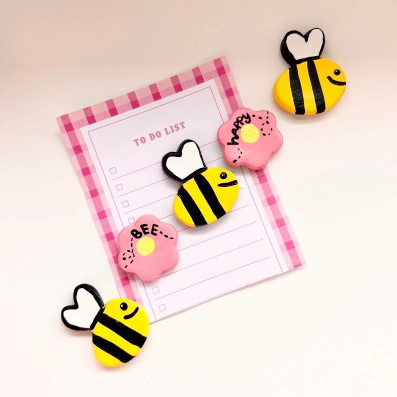 Bee Happy Magnets Set of 5 Fridge Magnets, Kitchen Decor, Locker Magnets Bee’s and Flowers