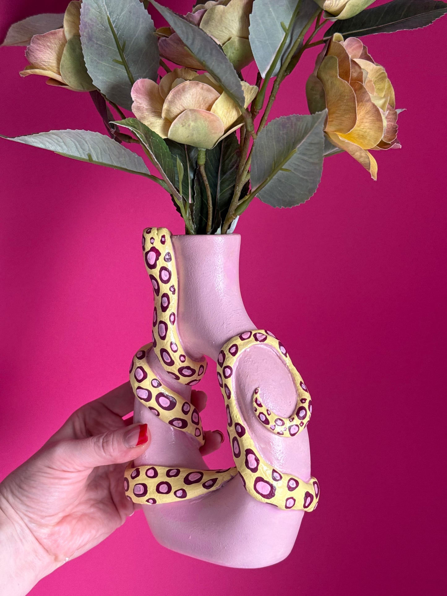 Handmade Snake Pink & Yellow Ceramic Vase