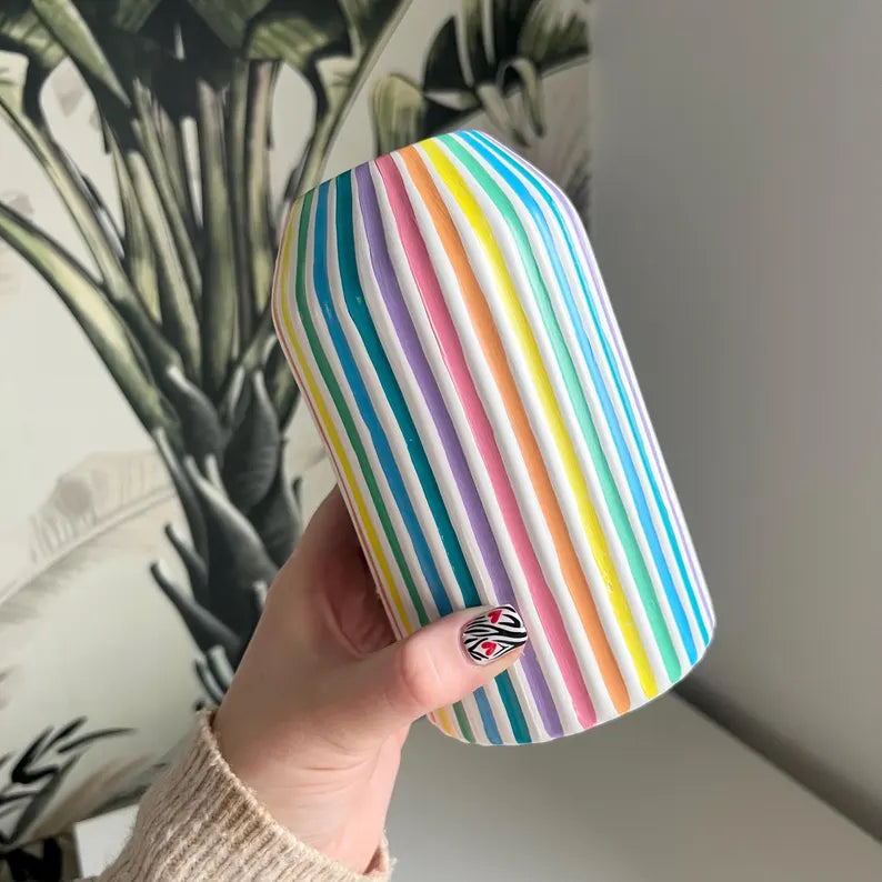 Colourful Stripe Vase Ceramic Rainbow Quirky Colourful Home Decor