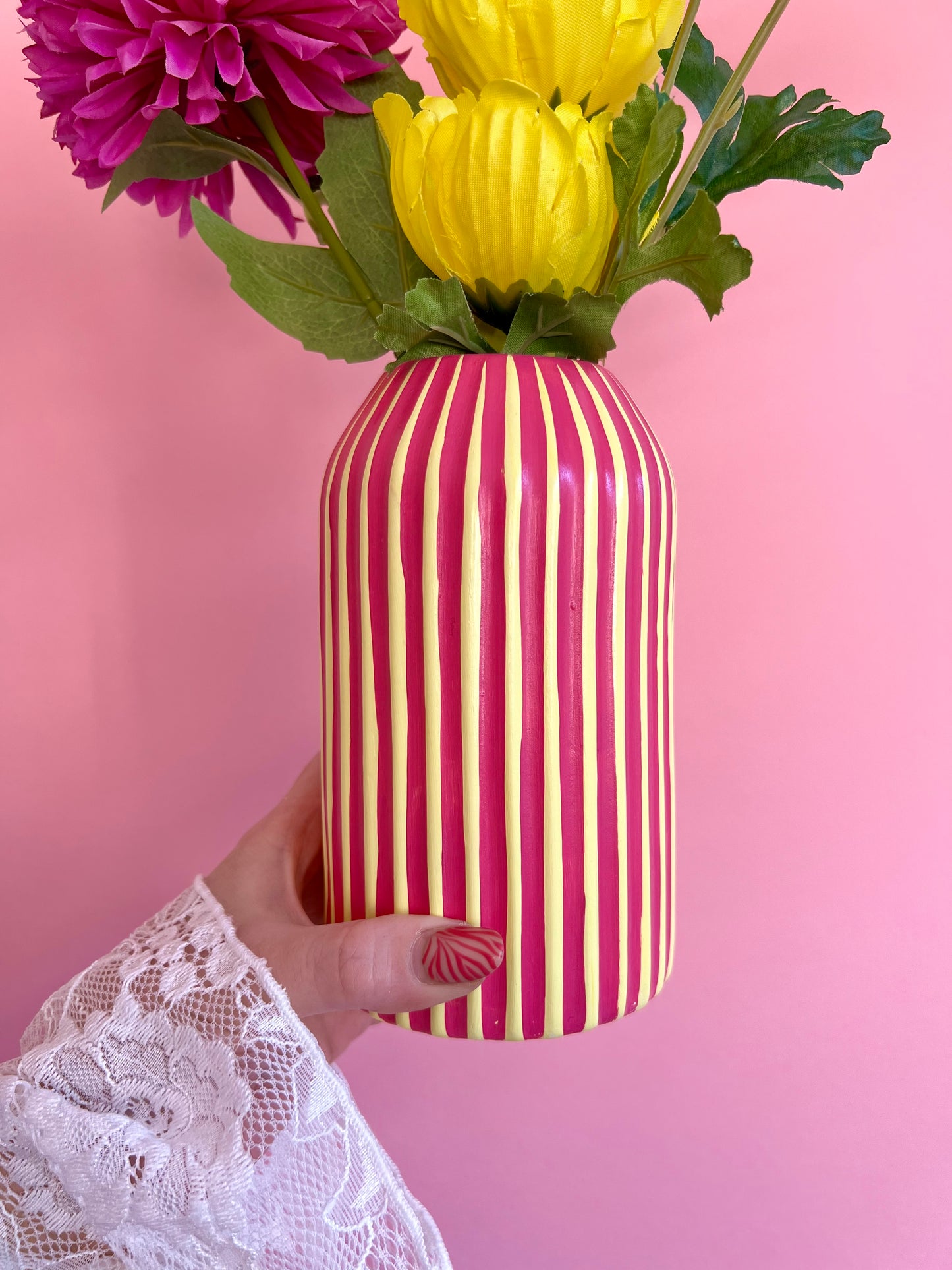 Rhubarb and Custard Stripe Ceramic Vase Yellow & Pink