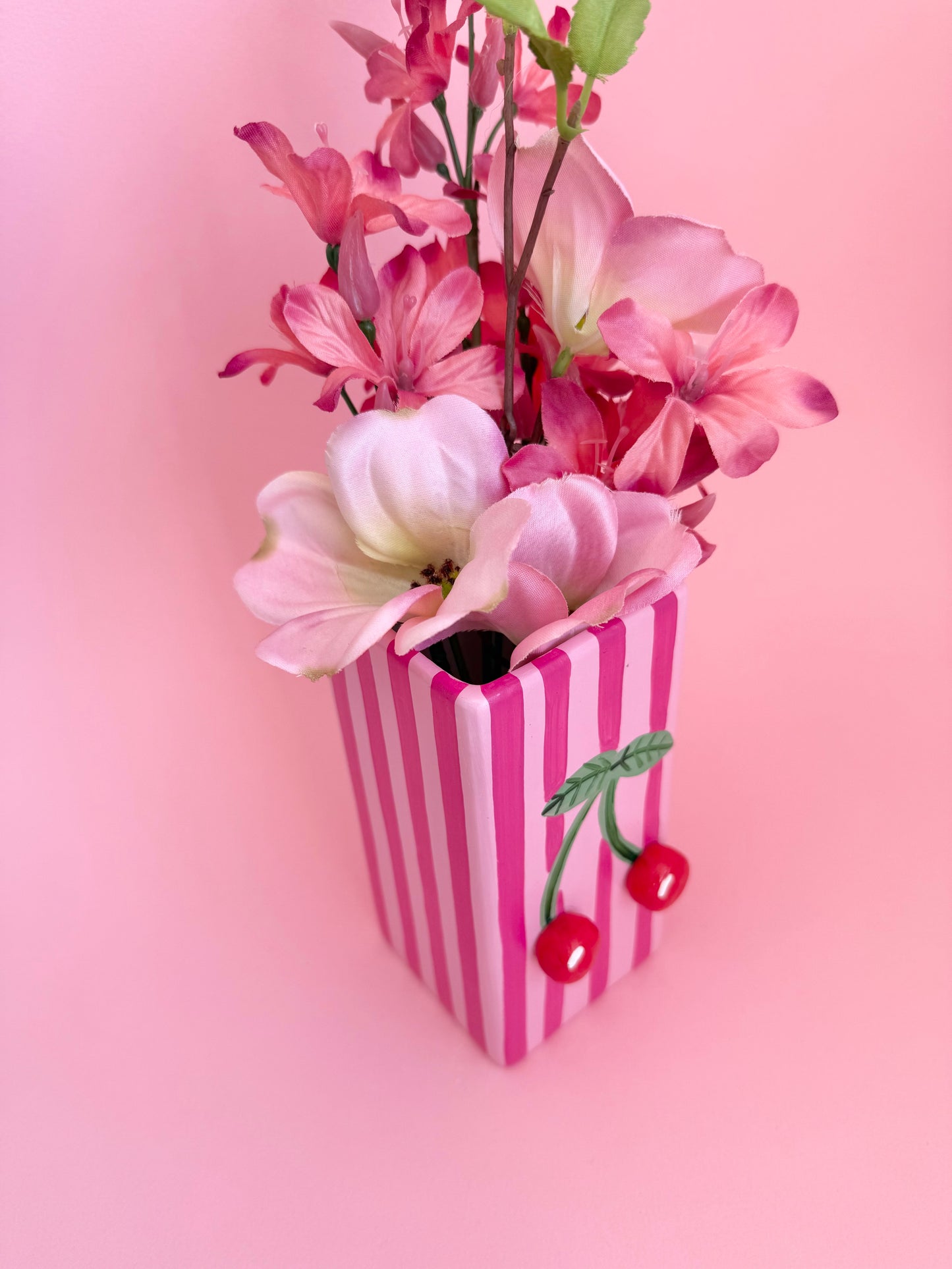 Pink Stripe Cherry Ceramic Vase Hand Painted