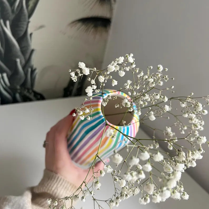 Colourful Stripe Vase Ceramic Rainbow Quirky Colourful Home Decor