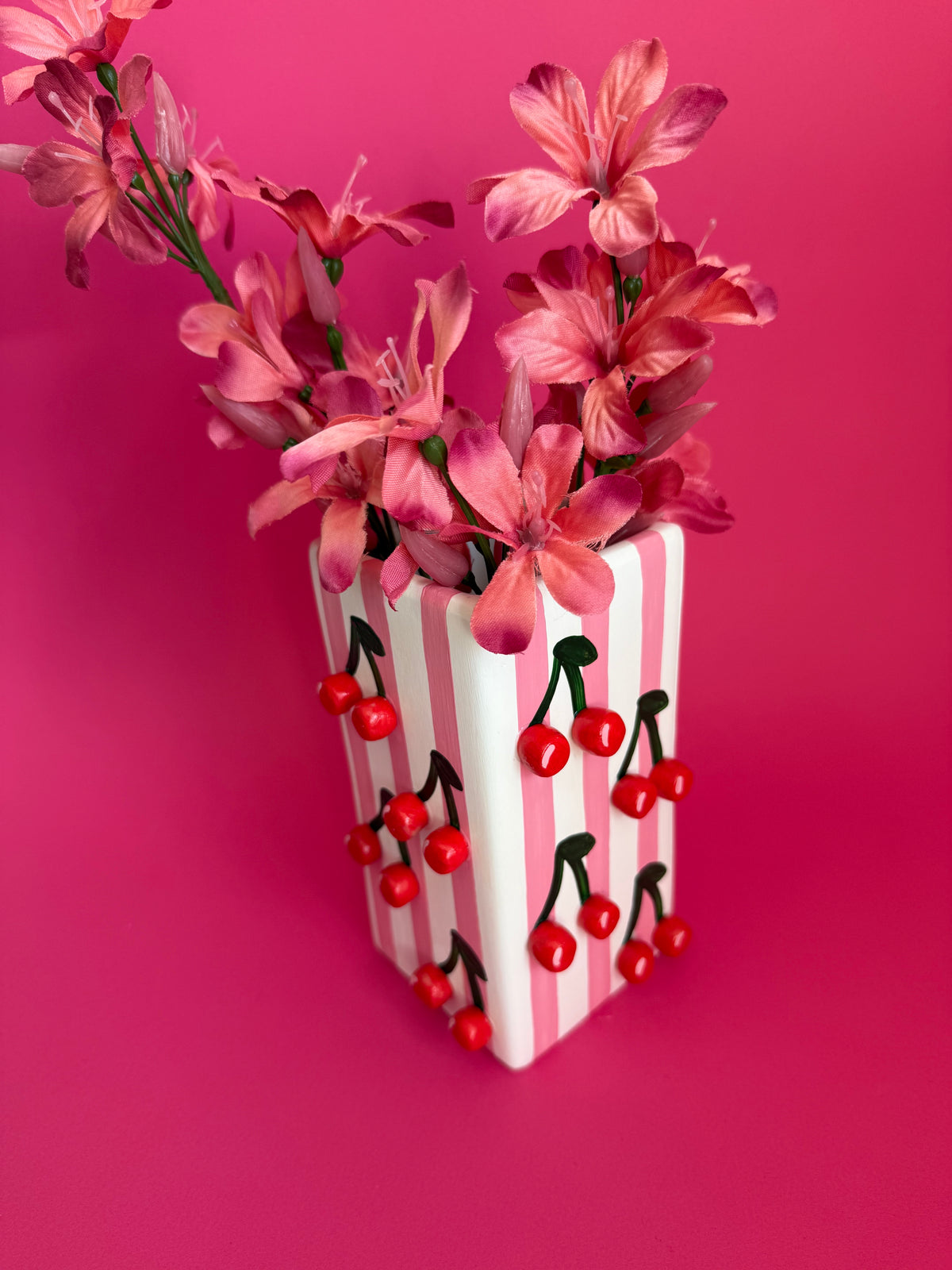 Cherry Pink Stripe Ceramic Vase