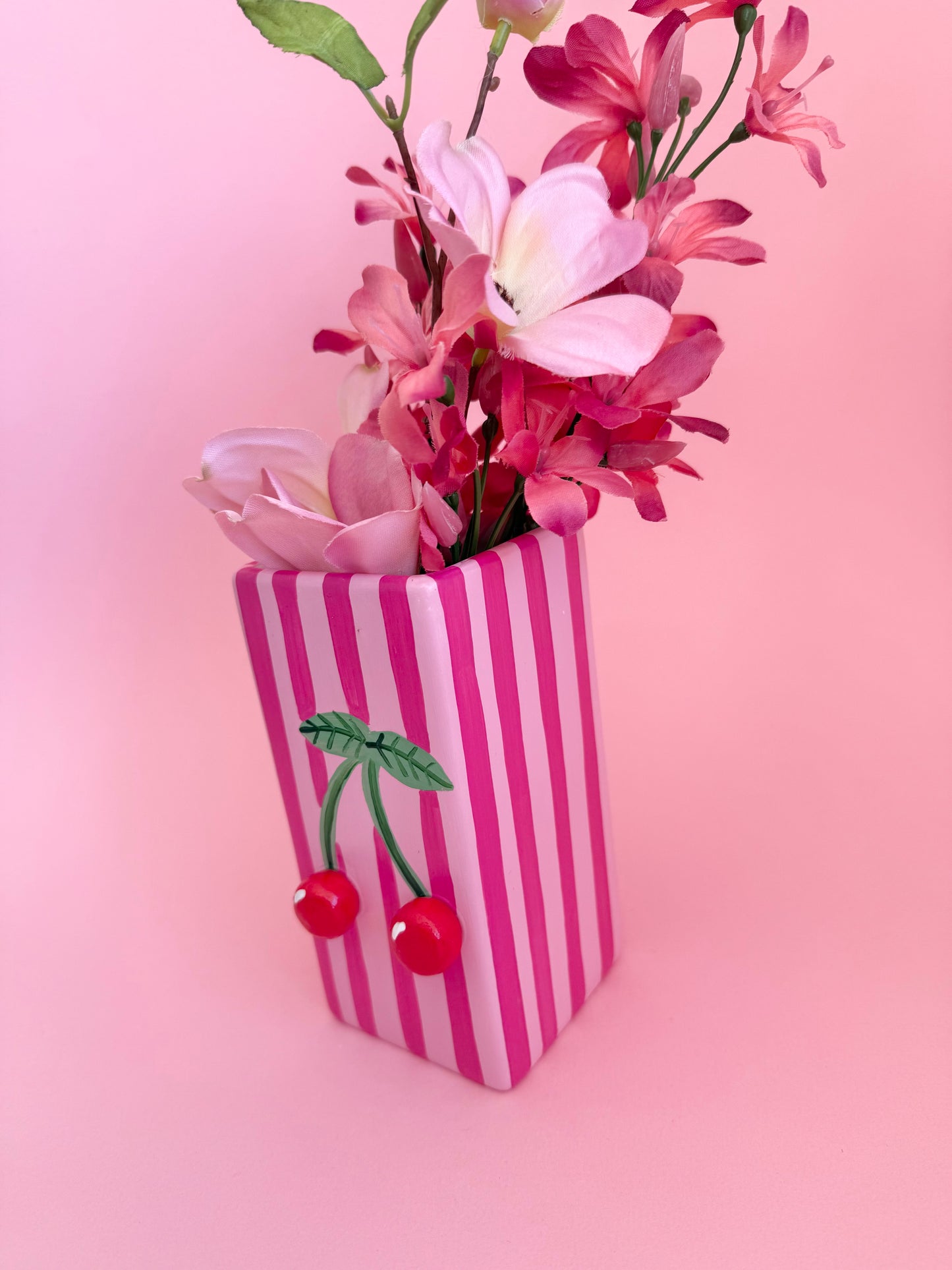 Pink Stripe Cherry Ceramic Vase Hand Painted