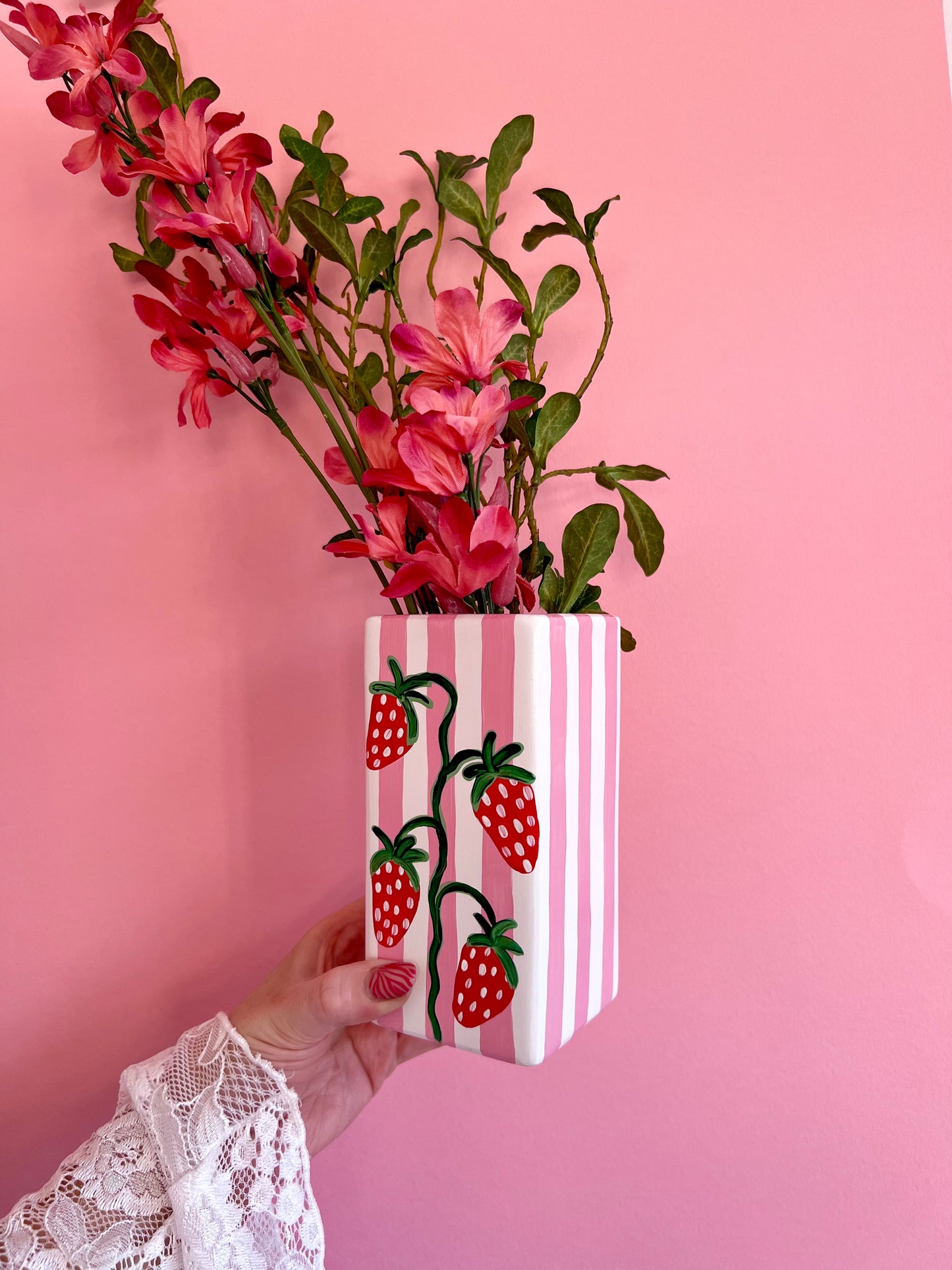 Pink Stripe Strawberry Ceramic Vase