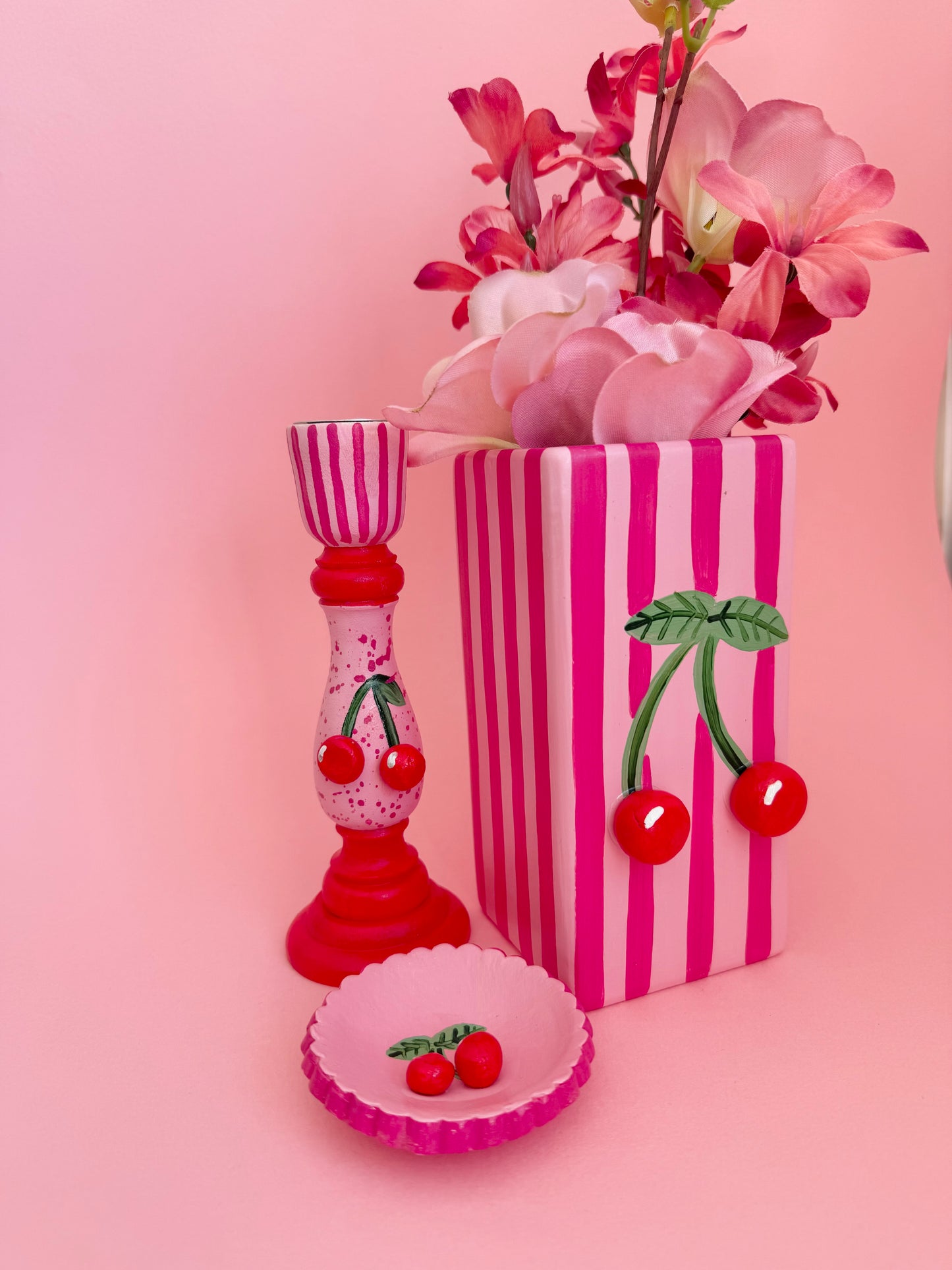 Pink Stripe Cherry Ceramic Vase Hand Painted