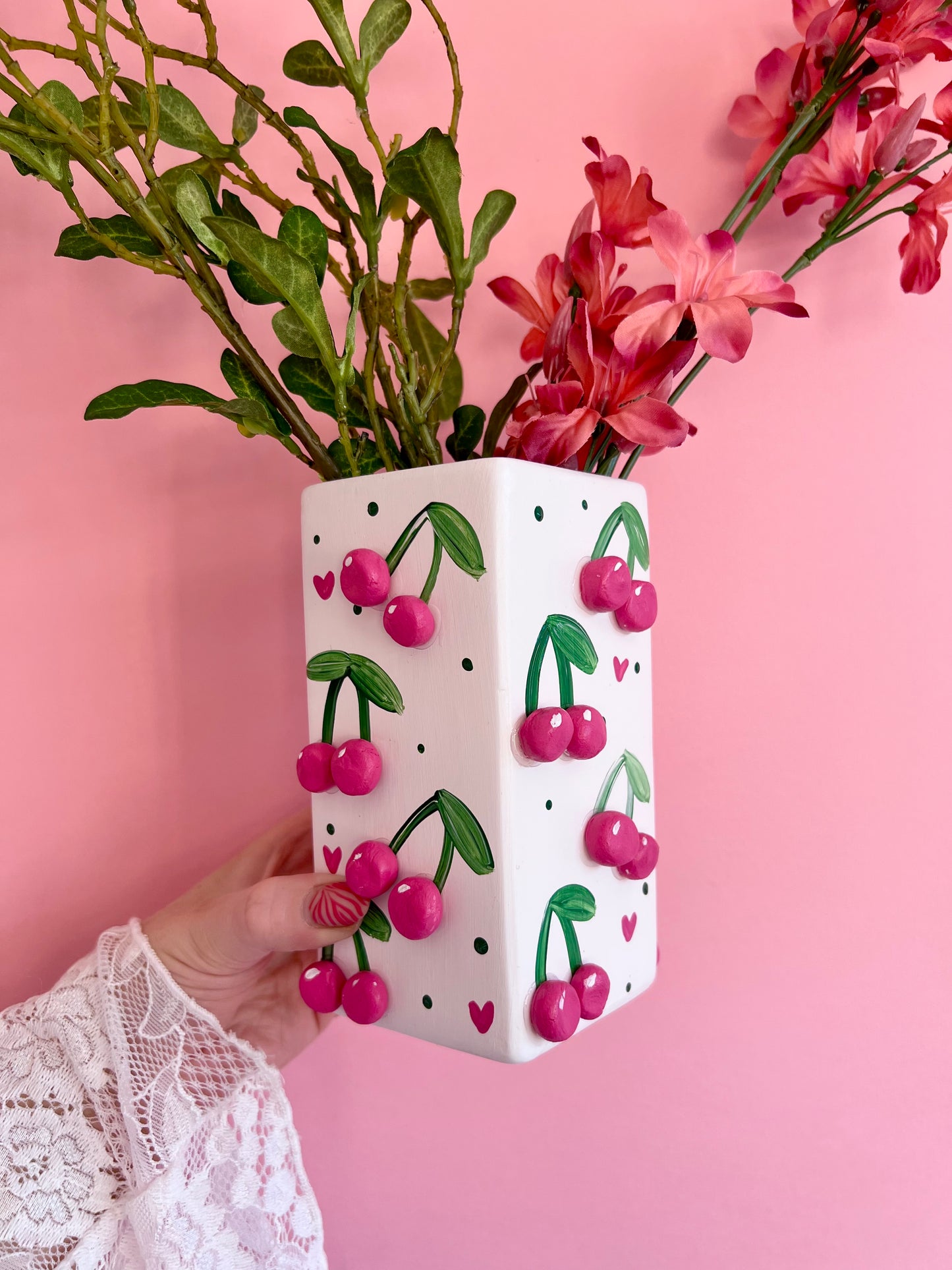 Pink Mini Cherries Ceramic Vase