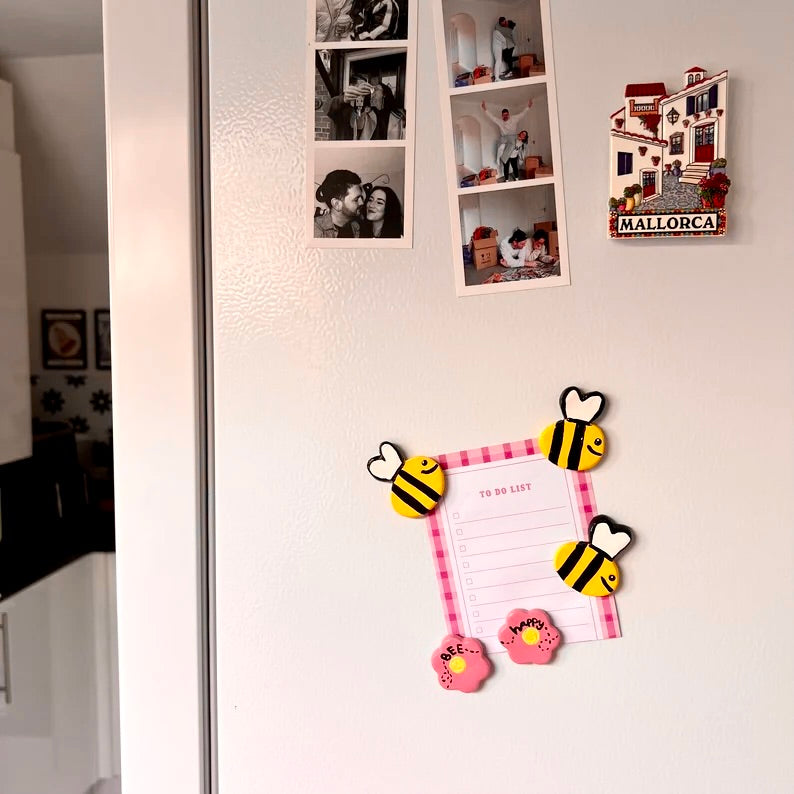 Bee Happy Magnets Set of 5 Fridge Magnets, Kitchen Decor, Locker Magnets Bee’s and Flowers