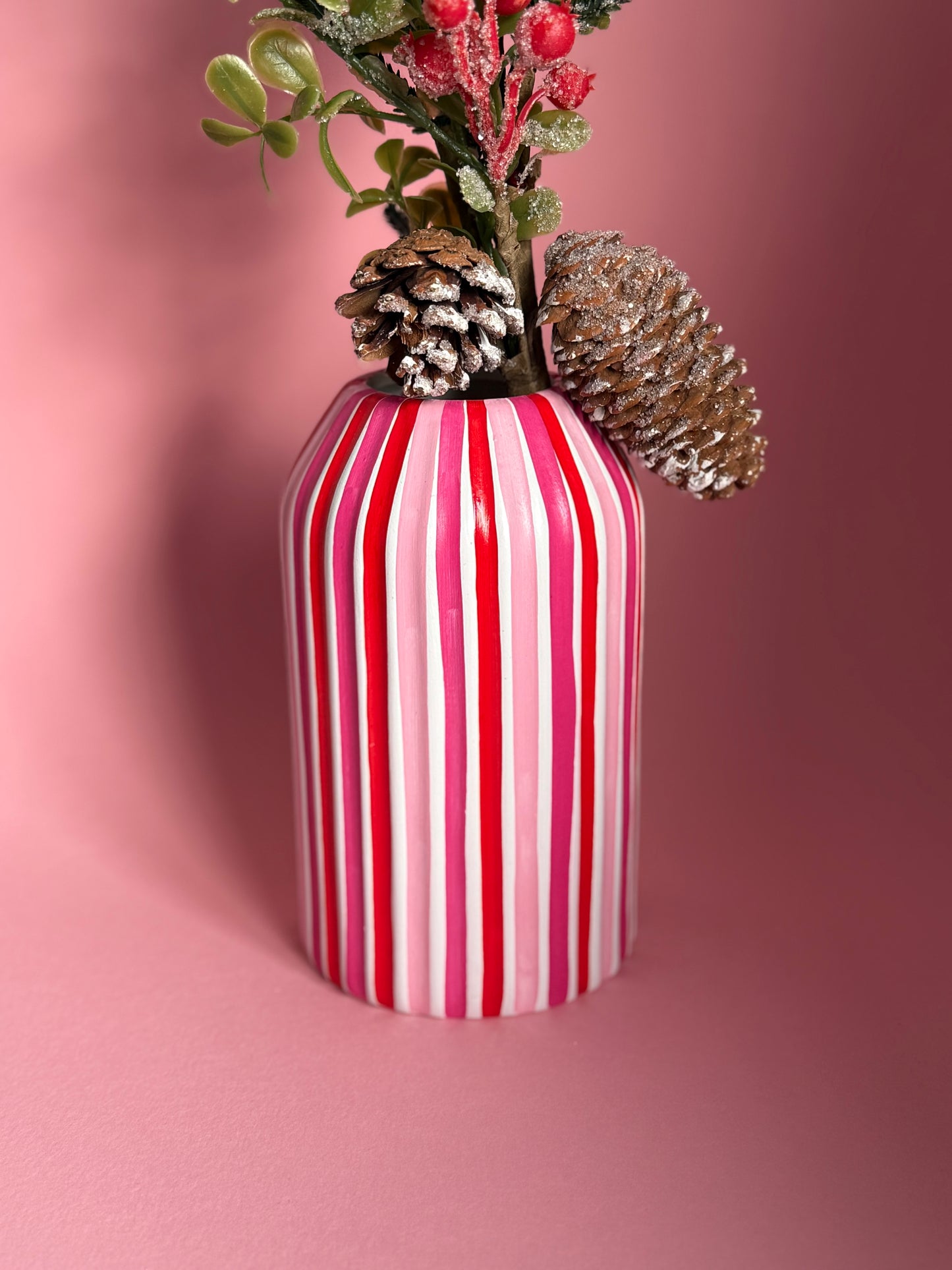 Pink Red White Stripe Ceramic Vase