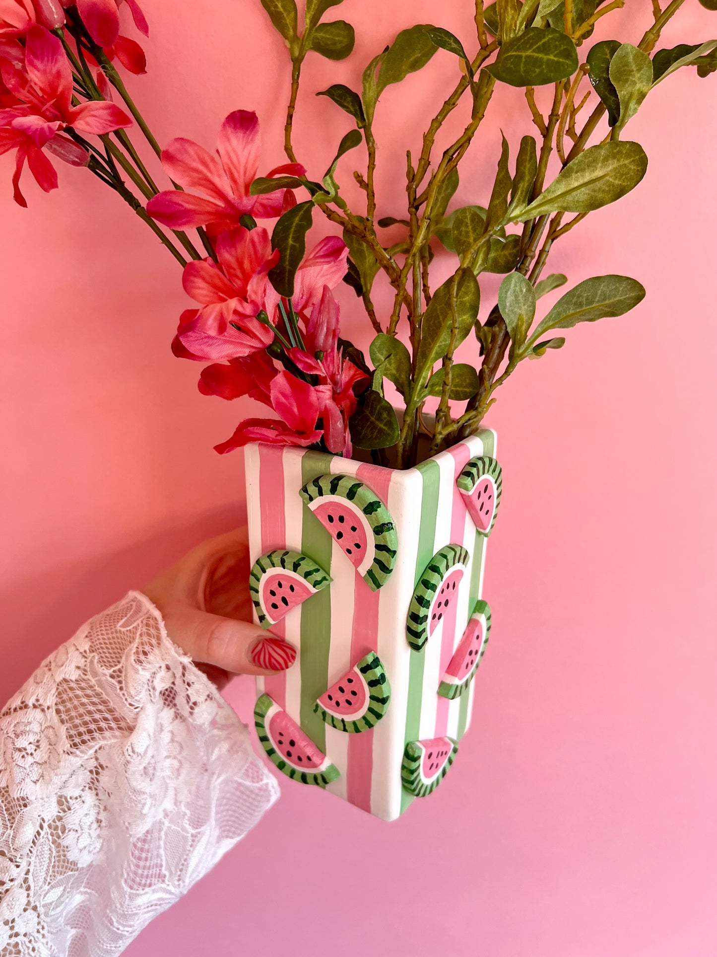 Watermelon Ceramic Vase Pink and Green