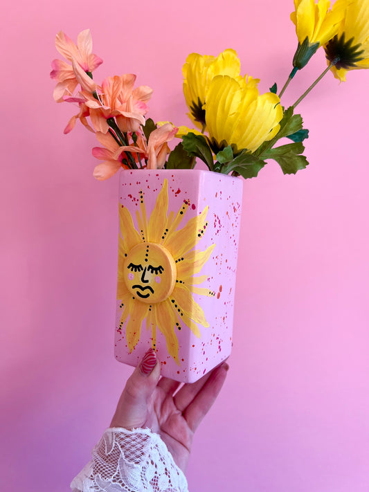 3D Sun Ceramic Vase Pink & Yellow