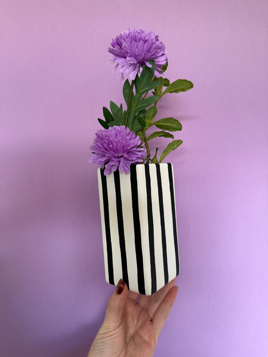 Black and White Stripe Ceramic Vase Quirky Flower Home Decor
