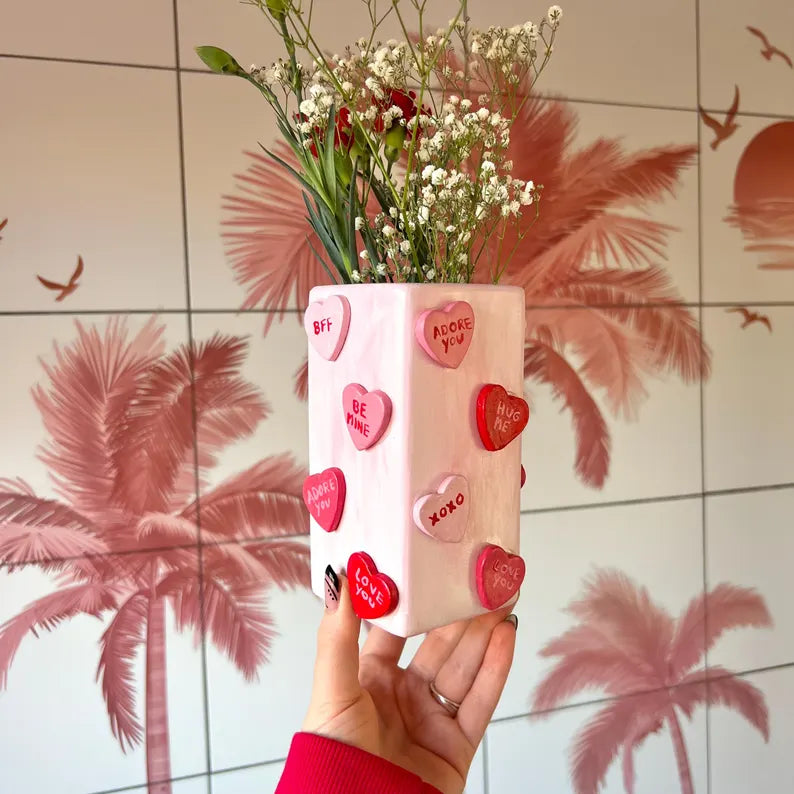 Candy Hearts Ceramic Vase Pastel Pink Best Friend Flowers Gift