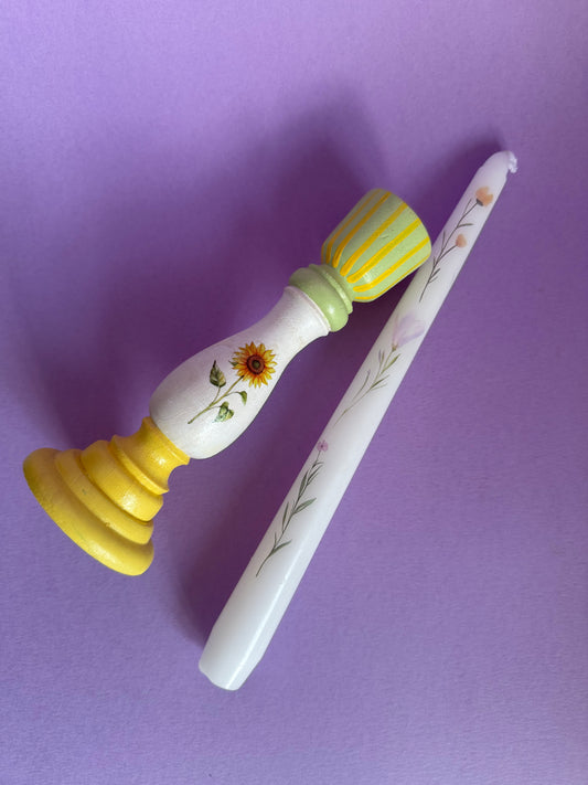 Flower Candlestick + Holder Set Yellow, Green, White