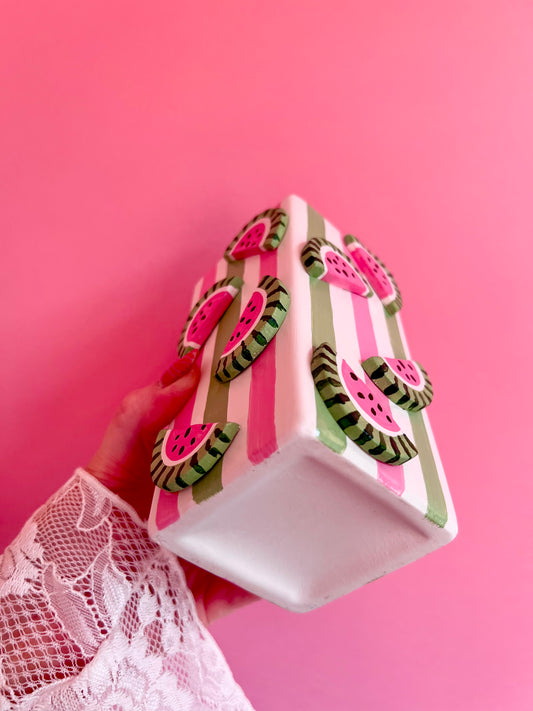 Watermelon Ceramic Vase Pink and Green