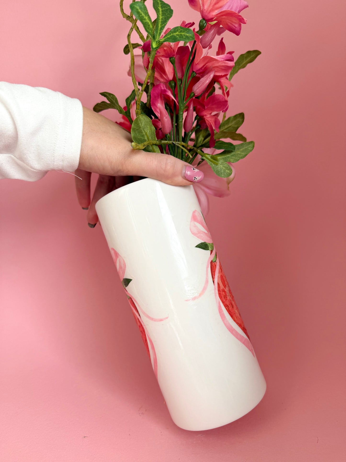 Strawberry Tall Ceramic Vase Decoupage