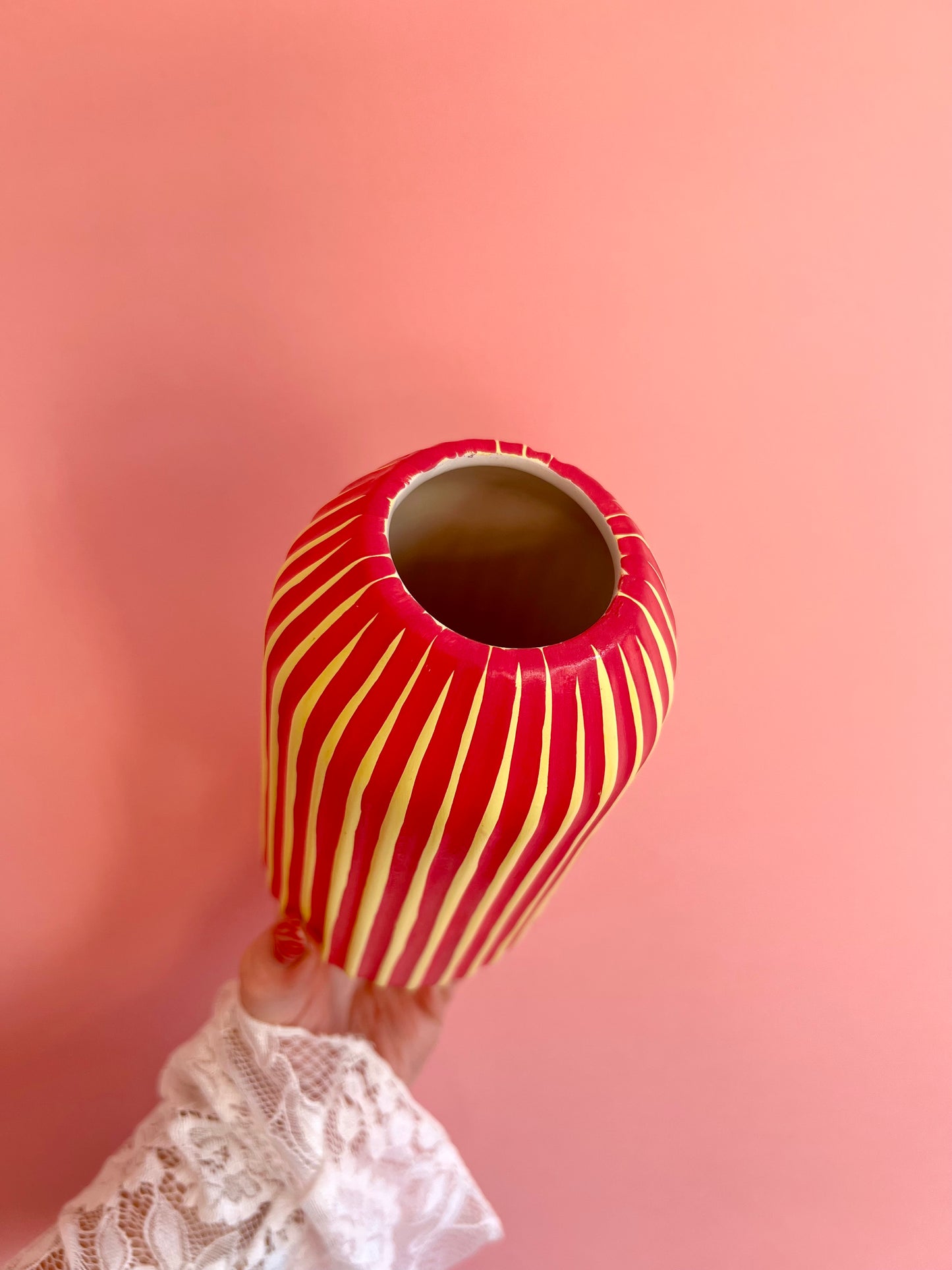 Rhubarb and Custard Stripe Ceramic Vase Yellow & Pink