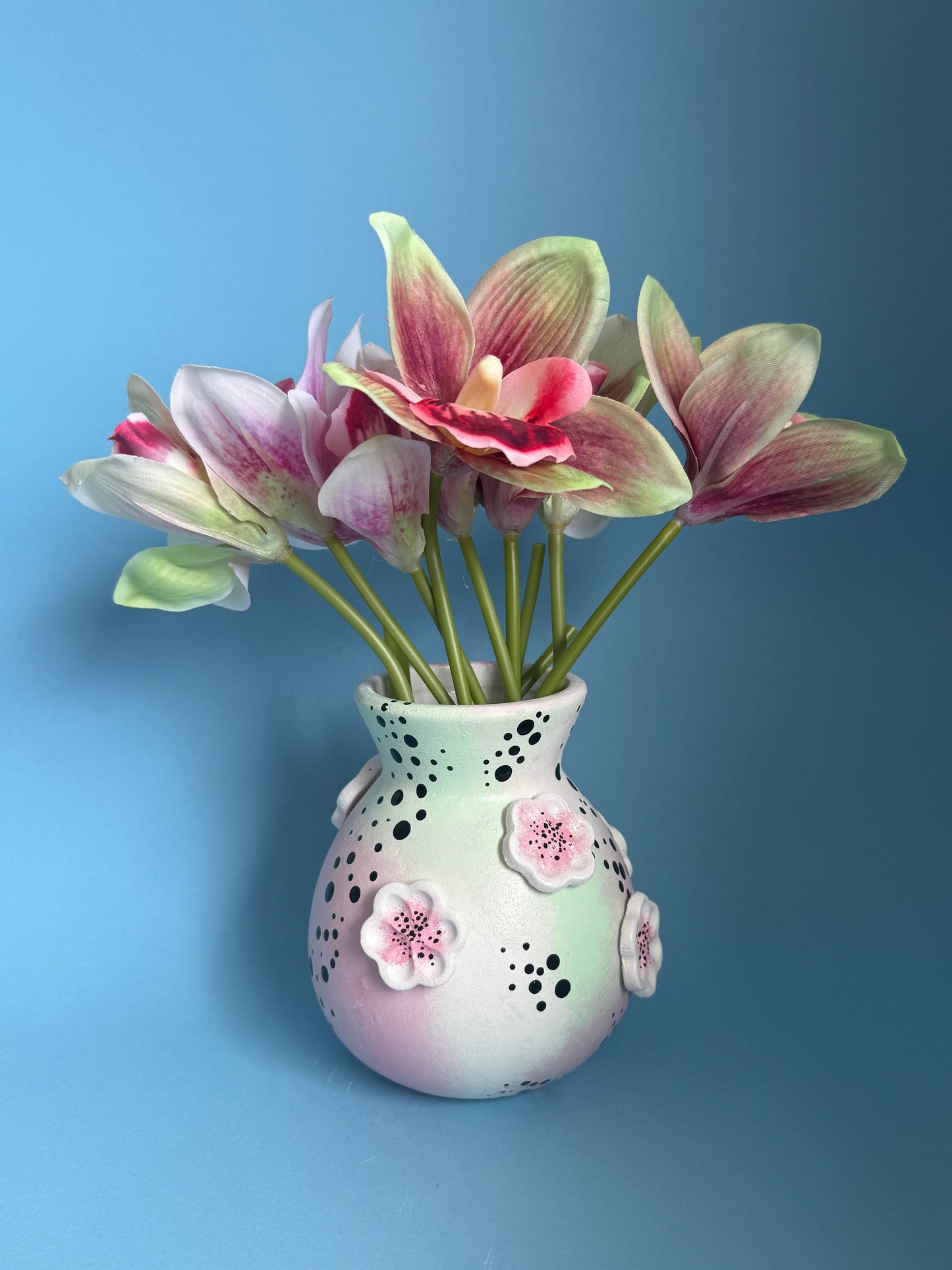 Pink & Green Floral Ceramic Vase