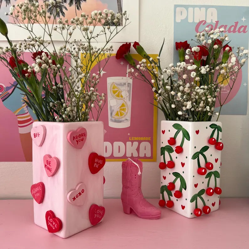 Candy Hearts Ceramic Vase Pastel Pink Best Friend Flowers Gift