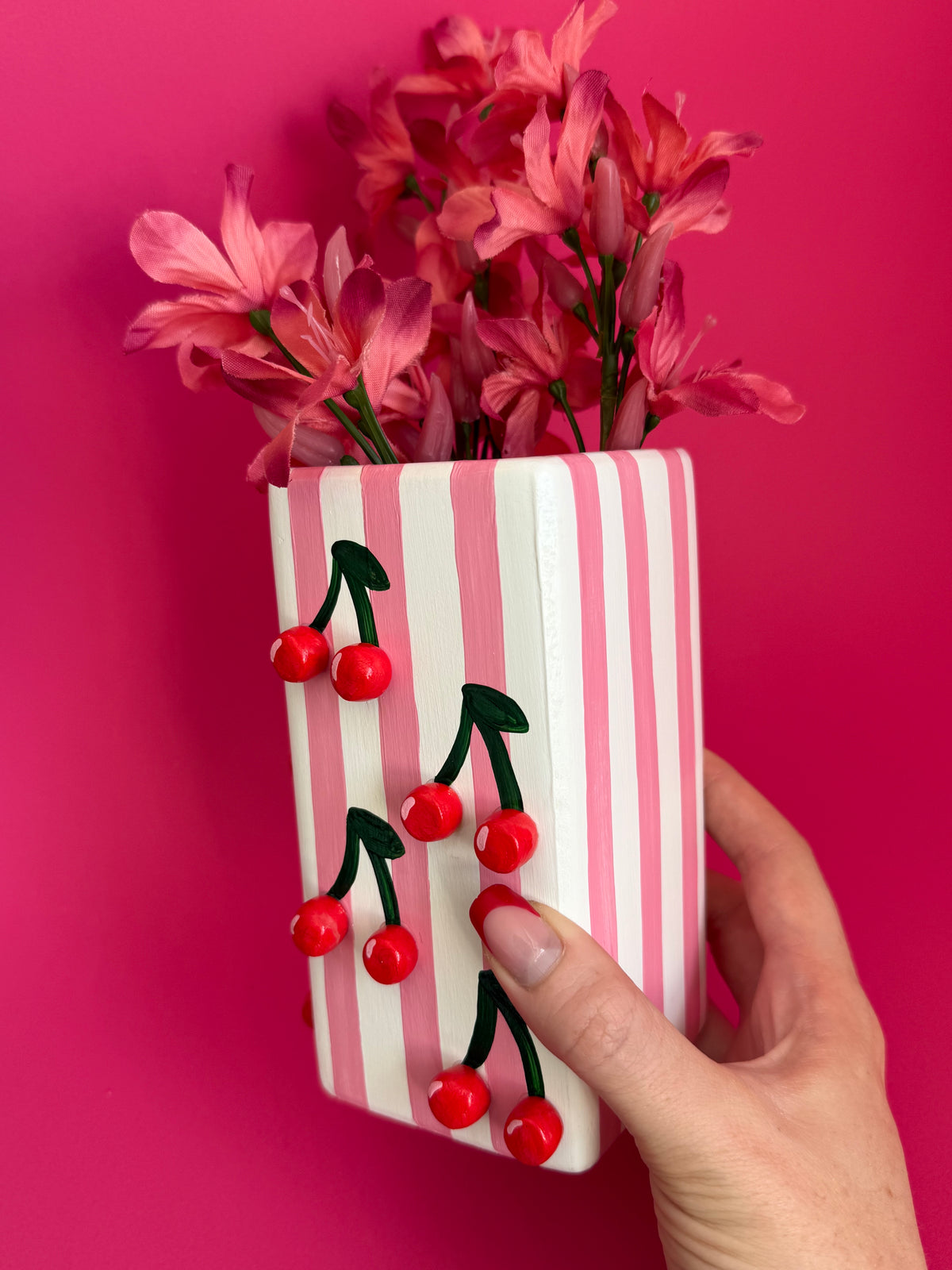 Cherry Pink Stripe Ceramic Vase
