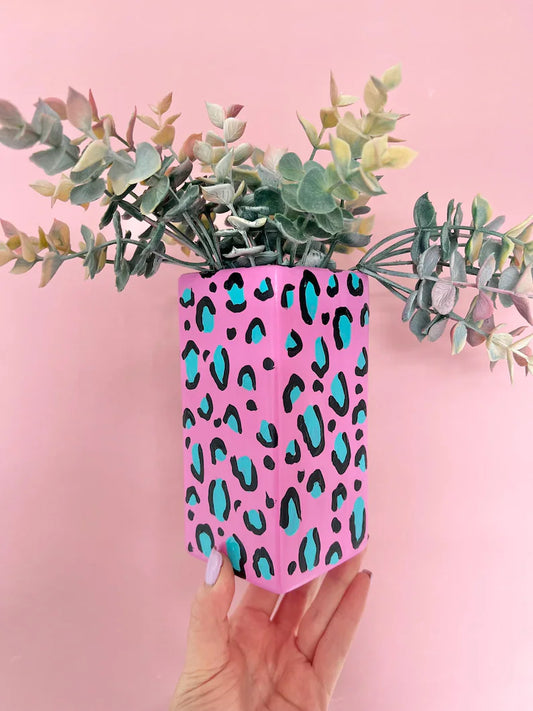 Leopard Print Vase Pink and Blue Ceramic Flower Gift Animal Print Quirky Eclectic Home Decor